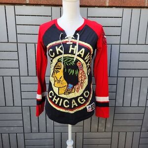 Chicago Blackhawks Lace Up Long Sleeve Shirt NHL Hockey Jersey